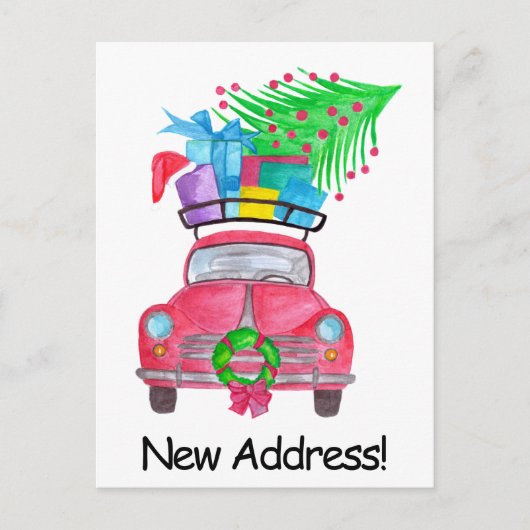 Aankondiging adres Rode Auto Kerstcadeaus Briefkaart (Voorkant)
