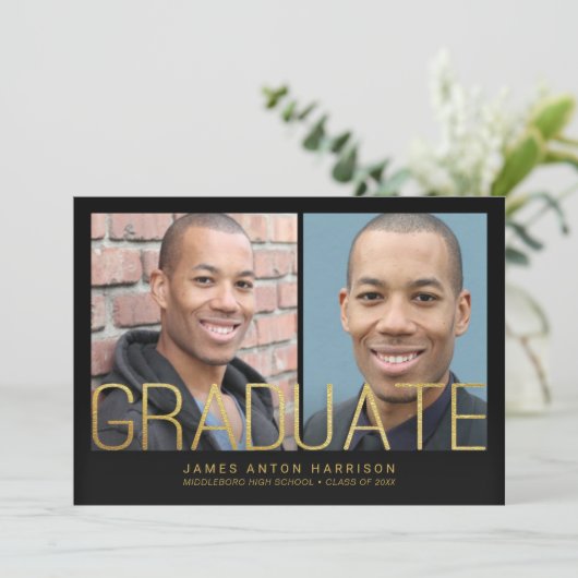 Aankondiging afstuderen - 2 Foto's met Gold Text (Staand voorkant)