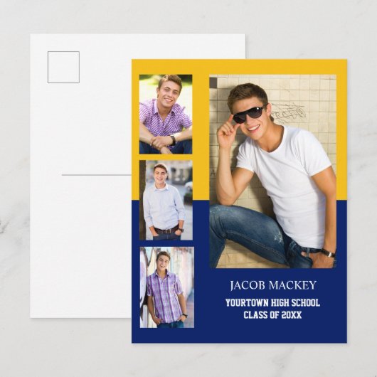 Aankondiging afstuderen 4 Foto Collage Blue Gold (Voorkant / Achterkant)