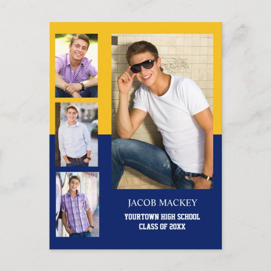 Aankondiging afstuderen 4 Foto Collage Blue Gold (Voorkant)