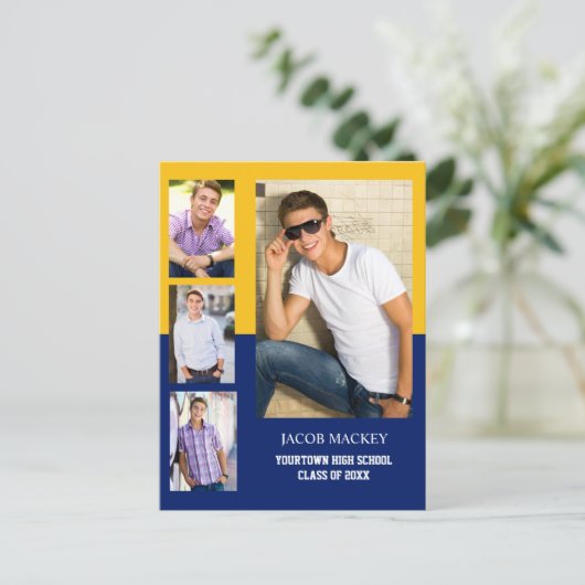 Aankondiging afstuderen 4 Foto Collage Blue Gold (Staand voorkant)