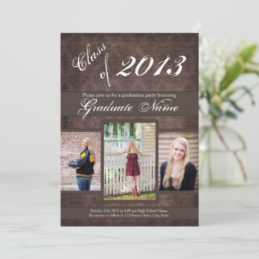 Aankondiging afstuderen - 4 Foto Grunge Damask (Staand voorkant)