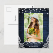 Aankondiging Afstuderen blauw houten lace Briefkaart (Voorkant / Achterkant)