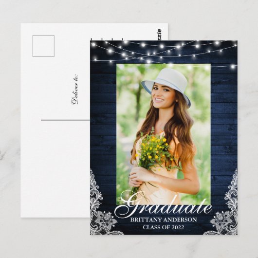 Aankondiging Afstuderen blauw houten lace Briefkaart (Voorkant / Achterkant)