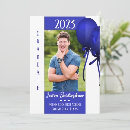 Aankondiging Afstuderen blauwe ballonnen (Staand voorkant)