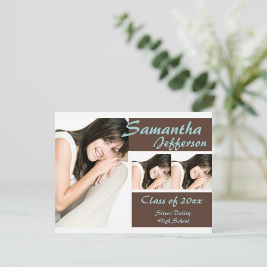 Aankondiging Afstuderen blauwe/bruine foto 3 (Staand voorkant)