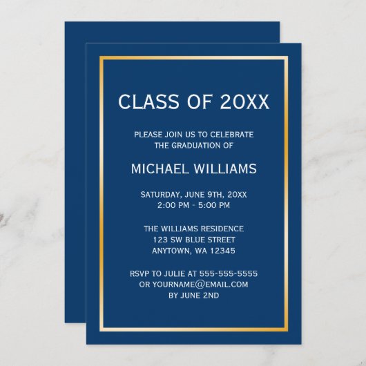 Aankondiging Afstuderen blauwe gouden grens (Voorkant / Achterkant)