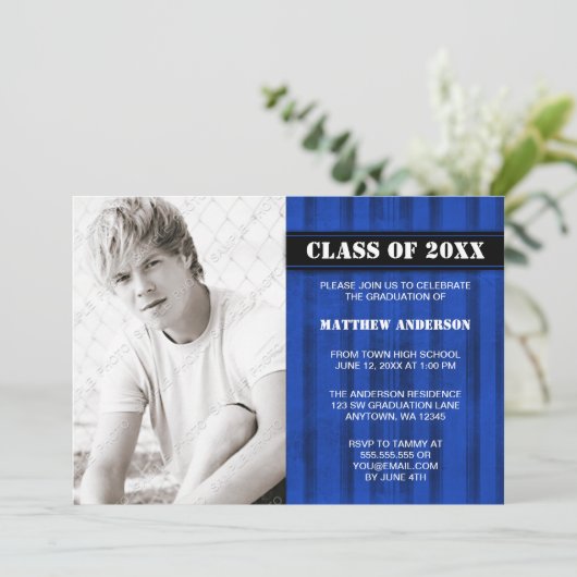 Aankondiging Afstuderen Blauwe grap Stripe-foto (Staand voorkant)