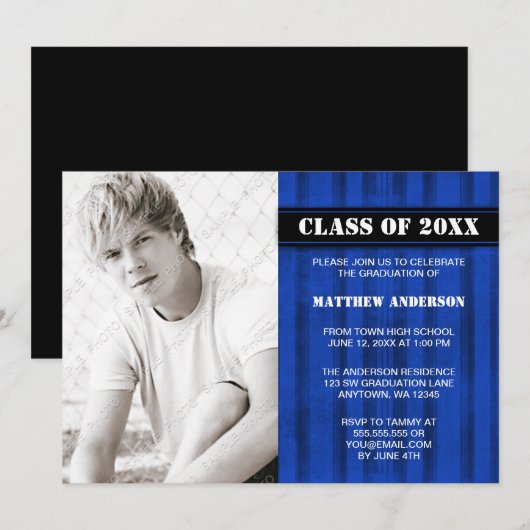 Aankondiging Afstuderen Blauwe grap Stripe-foto (Voorkant / Achterkant)