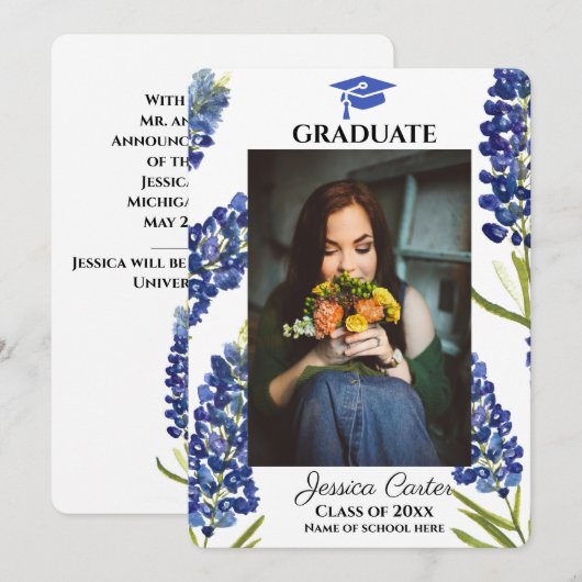 Aankondiging Afstuderen Bluebonnets Floral Texas (Voorkant / Achterkant)