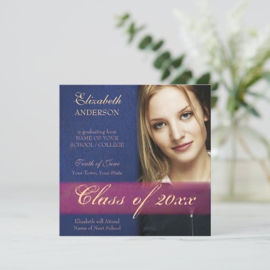 Aankondiging Afstuderen Cobalt Blue Damask Grunge (Staand voorkant)