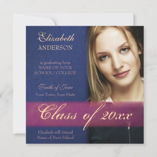 Aankondiging Afstuderen Cobalt Blue Damask Grunge (Voorkant)