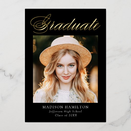 Aankondiging Afstuderen Elegant Gold Foil Script (Voorkant)