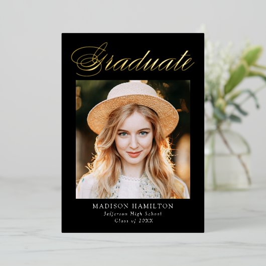 Aankondiging Afstuderen Elegant Gold Foil Script (Staand Voorkant)