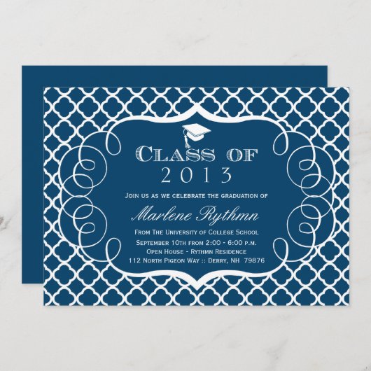 Aankondiging afstuderen marinewitte quatrefolie (Voorkant / Achterkant)