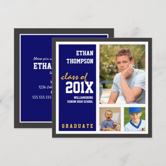 Aankondiging afstuderen met 3 Foto's Blue Gold (Voorkant / Achterkant)