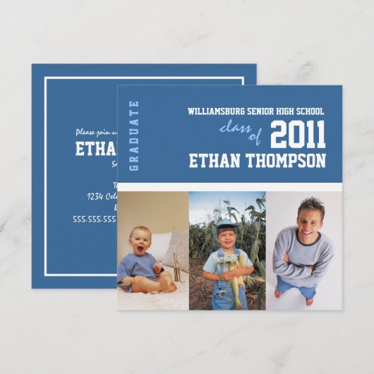 Aankondiging afstuderen met 3 foto's in blauw (Voorkant / Achterkant)