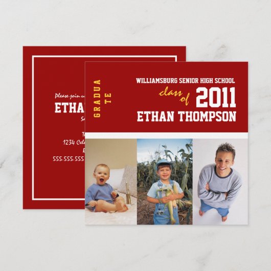 Aankondiging afstuderen met 3 foto's in rood (Voorkant / Achterkant)