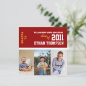 Aankondiging afstuderen met 3 foto's in rood (Staand voorkant)