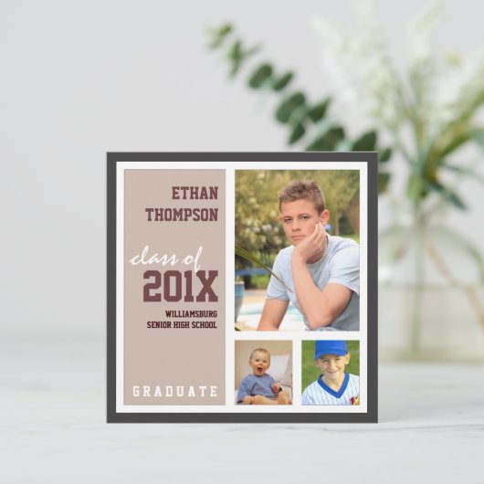 Aankondiging afstuderen met 3 foto's Tan Brown (Staand voorkant)