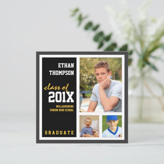 Aankondiging afstuderen met 3 zwarte foto's Gold (Staand voorkant)
