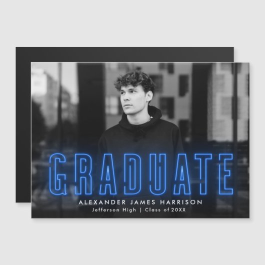 Aankondiging Afstuderen moderne blauwe neonfoto (Voorkant / Achterkant)