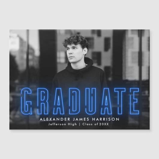 Aankondiging Afstuderen moderne blauwe neonfoto (Voorkant)
