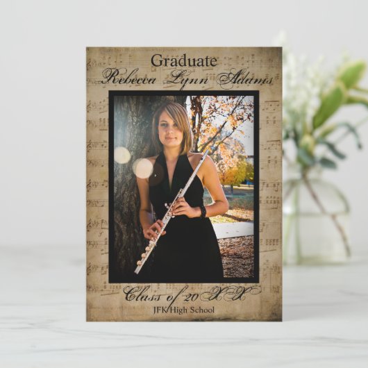 Aankondiging Afstuderen muziekblad met foto's (Staand voorkant)