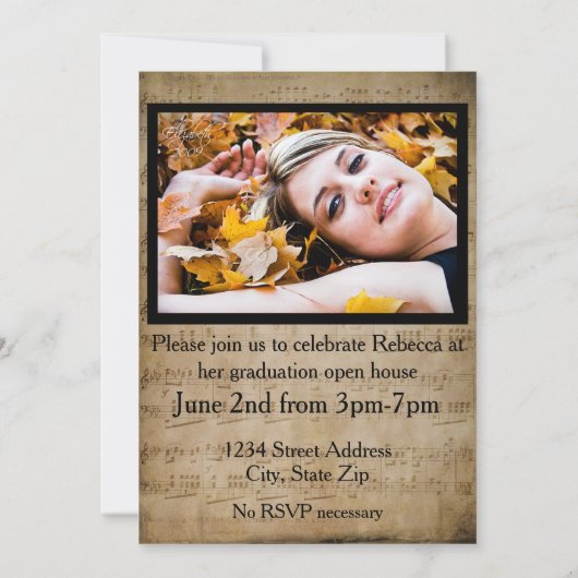 Aankondiging Afstuderen muziekblad met foto's (Achterkant)