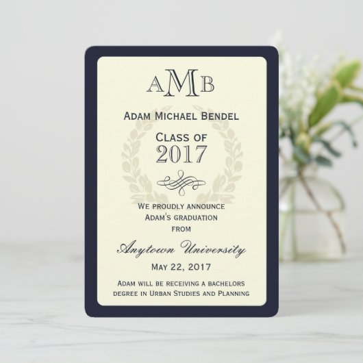 Aankondiging Afstuderen Navy Blue Elegant Monogram (Staand voorkant)
