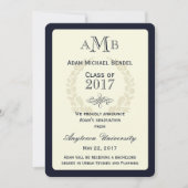 Aankondiging Afstuderen Navy Blue Elegant Monogram (Voorkant)
