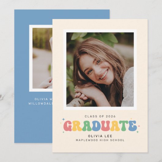 Aankondiging Afstuderen Pastels Groovy Retro Foto (Voorkant / Achterkant)