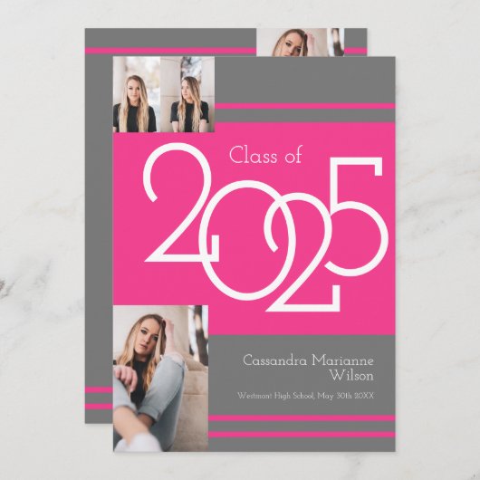 Aankondiging Afstuderen roze grijze schoolkleuren (Voorkant / Achterkant)
