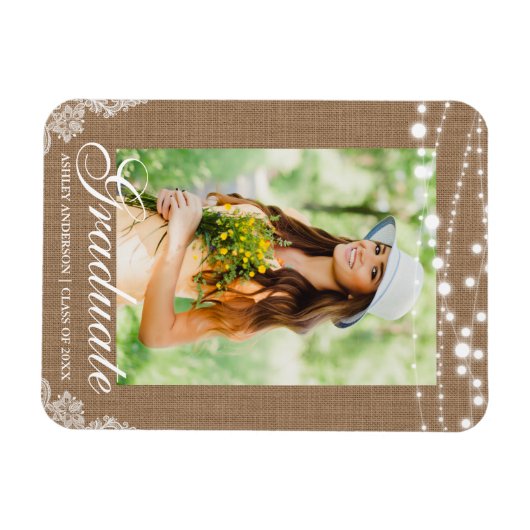 Aankondiging Afstuderen Rustic Burlap Lights Magneet (Horizontaal)