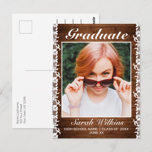 Aankondiging Afstuderen Rustic Wood & White Lace Briefkaart (Voorkant / Achterkant)