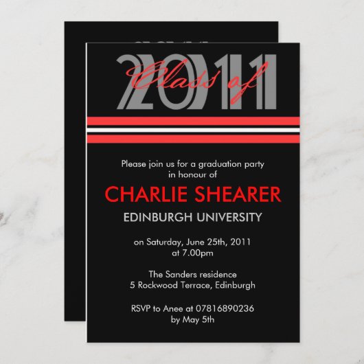 Aankondiging afstuderen zwart en rode strepen (Voorkant / Achterkant)