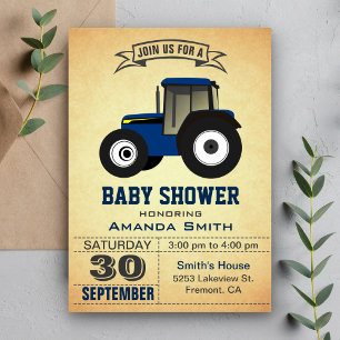 Aankondiging Baby shower blauwe Boerderij tractor
