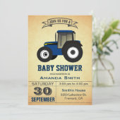 Aankondiging Baby shower blauwe Boerderij tractor (Staand voorkant)