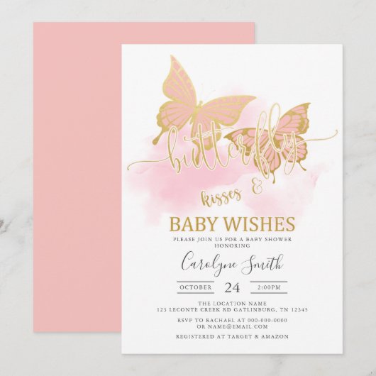 Aankondiging Baby shower peach Butterfly (Voorkant / Achterkant)