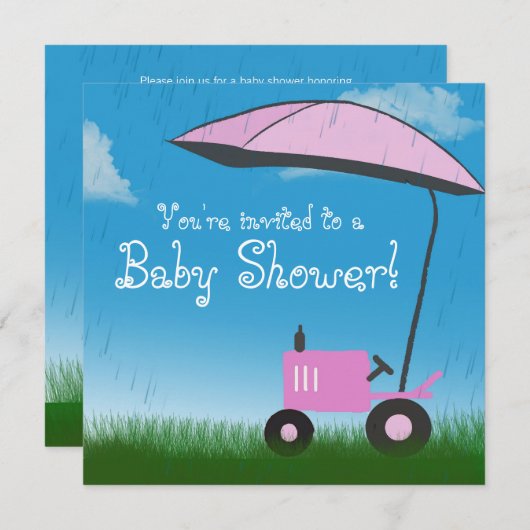 Aankondiging Baby shower trekker: Roze tractor (Voorkant / Achterkant)