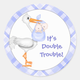 Aankondiging Baby Stork & Twin Boys Ronde Sticker