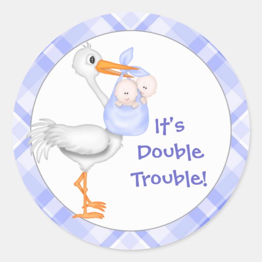Aankondiging Baby Stork & Twin Boys Ronde Sticker (Voorkant)