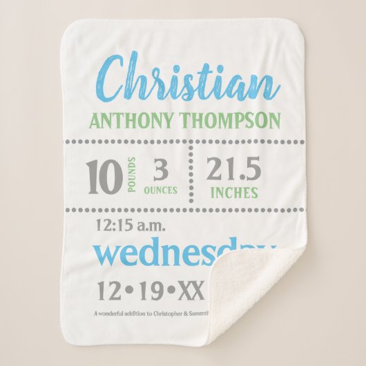 Aankondiging babyjongen, blauw, groen, grijs, prin sherpa deken (Voorkant)