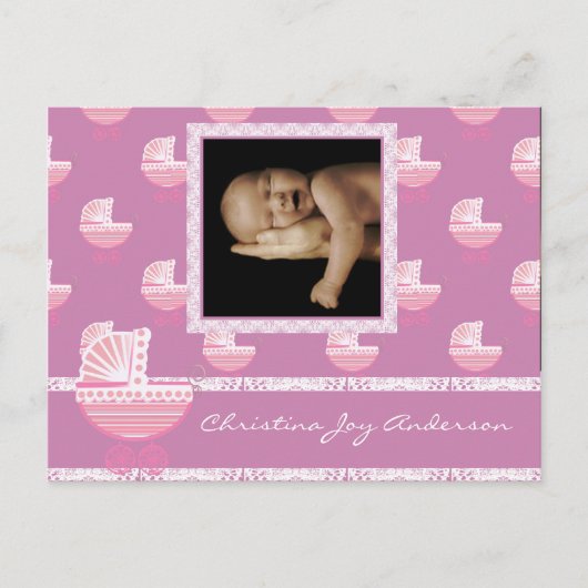 Aankondiging babymeisje - Roze babybuggy (Voorkant)