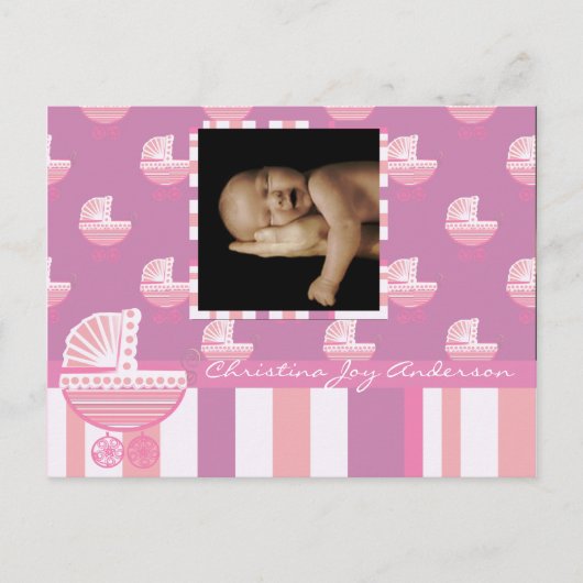 Aankondiging babymeisje - Roze babybuggy (Voorkant)