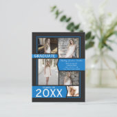 Aankondiging blauw 5-fotocollage Afstuderen Briefkaart (Staand voorkant)