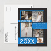 Aankondiging blauw 5-fotocollage Afstuderen Briefkaart (Voorkant / Achterkant)