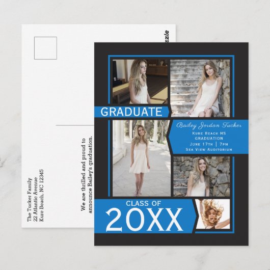Aankondiging blauw 5-fotocollage Afstuderen Briefkaart (Voorkant / Achterkant)