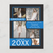 Aankondiging blauw 5-fotocollage Afstuderen Briefkaart (Voorkant)