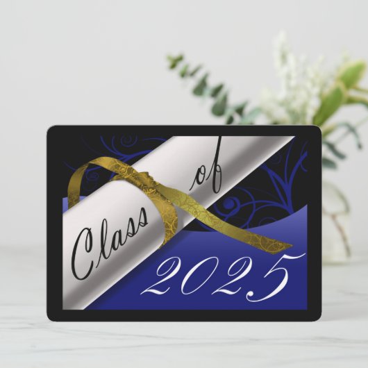 Aankondiging blauw en goudAfstuderen (Staand voorkant)